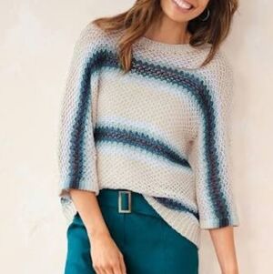 J Jill Linen Sweater Womens XS Scoop Neck Coastal Beachy Stripe Fisherman Knit 4